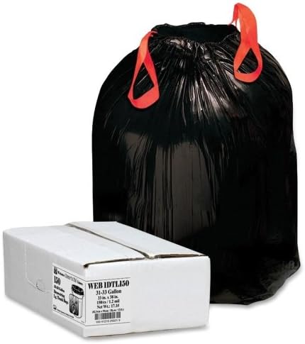 Wholesale CASE of 5 - Webster Drawstring Trash Liners-Drawstring Trash Liners,1.2 Mil,33Gal.,33-1/2"x38",150/BX,BK