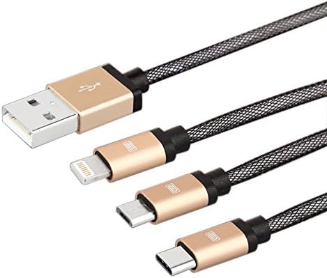 USB Type C Cable, LeVenus 3 in 1 Multiple USB Charging Cable Adapter with Type C / Lightning Cable / Micro USB Charger Connector (Gold) 3.3Feet