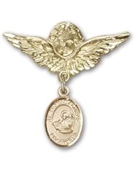Gold Filled Baby Badge with St. Thomas Aquinas Charm and Angel with Wings Badge Pin
