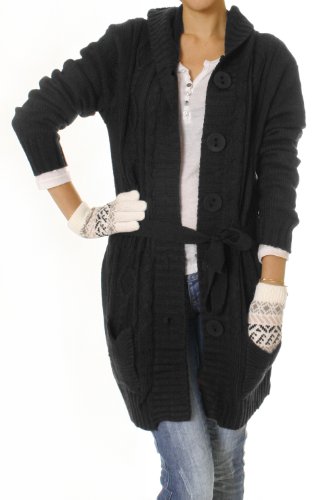 Damen Strickjacke Cardigan Einheitsgröße S-L Kapuzenjacke Schwarz Neu Grobstrick Jacken