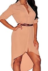 Spring Summer Winter Polyester/Spandex Belted High-Low-Hem  Shirt  Dress