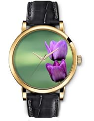 SPRAWL Aanalog Fashion Series Gold Ladies Watches of Genuine Black Leather Strap,Unique Wrist Watch for Women Girls Designed with Purple flowers