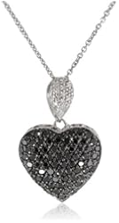 Sterling Silver Black and White Diamond Puffed Heart Pendant Necklace (1 cttw) 18"
