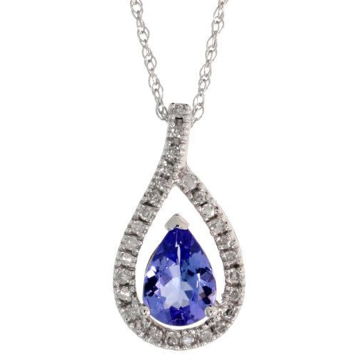 10ct White Gold 18 Chain & 5/8 (16mm) tall Pear-shaped Diamond Pendant, w/ 0.10 Carat Brilliant Cut Diamonds & 0.75 Carat Pear Cut Tanzanite Stone