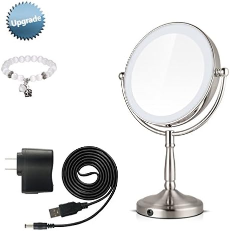 Norjack Round Double-Sided Lighted Makeup Mirror with LED Light &amp; 3X Magnification Round Swivel Table Top Illuminated for Bathroom, Vanity,Cosmetics - Silver