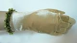 Light Gold Satin Wrist Length Gloves with Gorgeous Green Sequin Trim