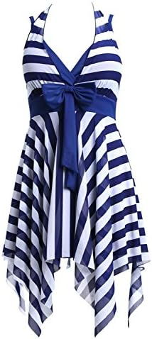 MiYang Women's Tankini Striped Trapeze Swim Dress Blue and White Stripe XXXL