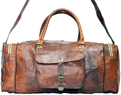 Vintage Bag Genuine Leather Travel Duffle Outdoor Luggage in Square Shape 18''inch