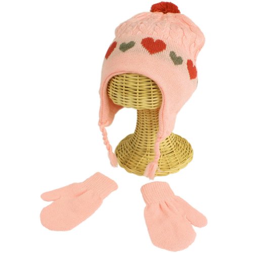 Winter Toddler Girls 2-4 Years Knit Ski Trapper Beanie Hat with Mittens Gloves Set Pink