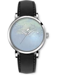 SPRAWL Aanalog Fashion Series Silver Ladies Watches of Genuine Black Leather Strap,Unique Wrist Watch for Women Girls Designed with Drawing a flower in spots