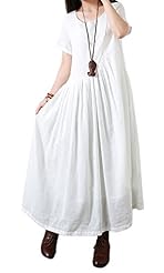 General Print Full-Skirt Round Neck Cotton/Linen Pleated Short Sleeves Maxi Dress 