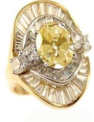 14k Yellow Gold White Rhodium, Fancy Estate Style Cocktail Ring with Lab Created Oval Shape Dark Blue Colored Stone