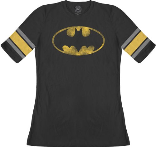  Batman Distressed Logo Black Raglan Hockey Juniors T-Shirt Tee