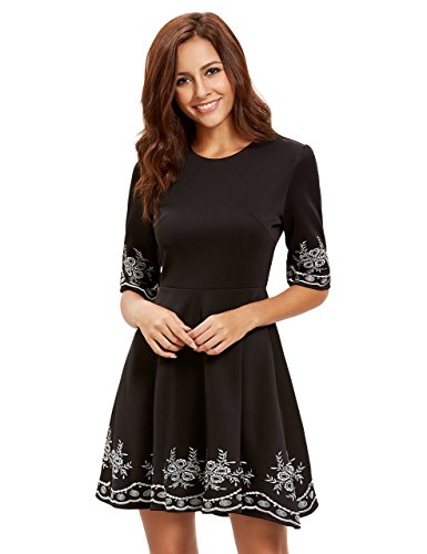 Floerns Women's Casual Half Sleeve Embroidered Flare Dress