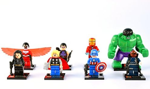 Super Heroes the Avengers Minifigures Set - (Set of 8 with Iron Man, Nick Fury, Black Widow, Hawkeye, the Hulk, Thor, Captain America, and Falcon) 100% Compatible with Lego Brand.
