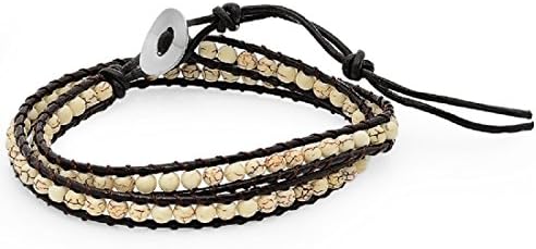 Genuine Leather White Turquoise Beads Bracelet,2 Wraps, Adjustable,size