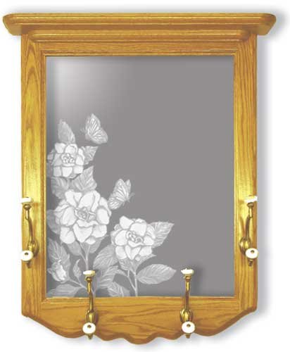 Image of Oak Wall Coat Rack With Butterfly Etched Mirror - Butterfly Decor - Unique Butterfly Gift Ideas - Fully Assembled - 22'' w x 26'' h