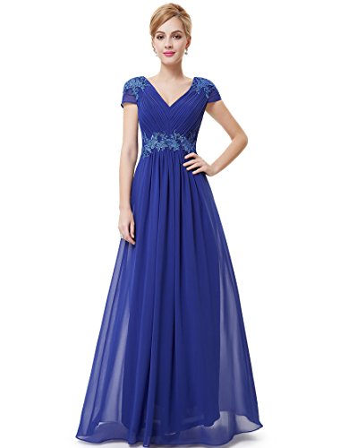 Ever Pretty　レディース　半袖　ダブルVネック　ウエスト袖口レース切り替え　シャーリング　ロングワンピース　イブニング　パーティー　ウェディング　エレガントドレス08467