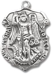 Sterling Small St. Michael Medal Shield with 20" Stainless Steel Chain in Gift Box. St. Michael the Archangel Is Known for Protection As Well As the Patron of Against Danger At Sea, Against Temptations, Ambulance Drivers, Artists, Bakers, Bankers, Banking, Barrel Makers, Battle, Boatmen, Coopers, Dying People, Emergency Medical Technicians, Emts, Fencing, Greengrocers, Grocers, Haberdashers, Hat Makers, Hatters, Holy Death, Knights, Mariners, Paramedics, Paratroopers, Police Officers, Radiologists, Radiotherapists, Sailors, Security Guards, Sick People, Soldiers, Storms At Sea, Sword Smiths, Watermen, England, Germany & Sickness.