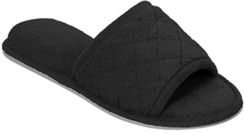 Dearfoams Women's Microfiber Quilted Terry Slippers, Black, Large / 9-10 B(M) US