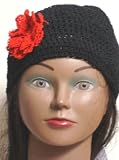 Hand Crocheted Black Rayon Cotton Gimp Skull Cap for Women and Teens Trimmed with Crocheted Red Gimp Rosette