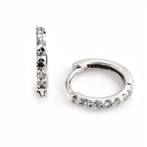 Sterling Silver Huggie Hoop Earrings with Clear CZ - Size: 2mm x 15mm