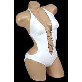 Sexy Trendy Cute Summer White Cut Out Low Plunge Monokini Swimsuit Bathing Suit Swimwear