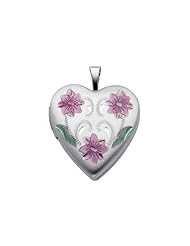 Sterling Silver Pink Enamel Engraved Heart Locket Pendant (0.8" or 20mm Height)