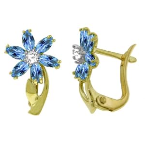 14k Gold Pin Earrings with Genuine Diamonds and Blue Topaz by 