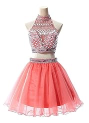  Sequined  Beaded Open-Back Short Halter Satin/Tulle Homecoming Dress  With Rhinestones and Ruffles