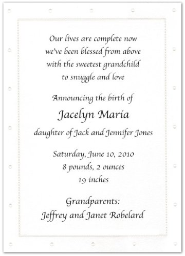 White Embossed Dotted Border Birth Announcements - Set of 20
