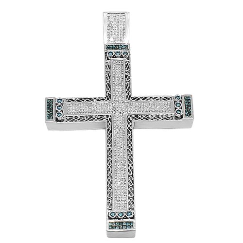 14K White Gold Mens Blue Diamond Cross Pendant 7.11 Ctw