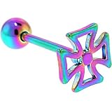 Rainbow Titanium Anodized 3-D IRON CROSS Barbell Tongue Ring