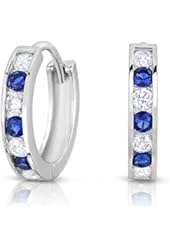 Sterling Silver Huggie Hoop Earring with Simulated Blue Sapphire and White Cubic Zirconia Size 1/2"