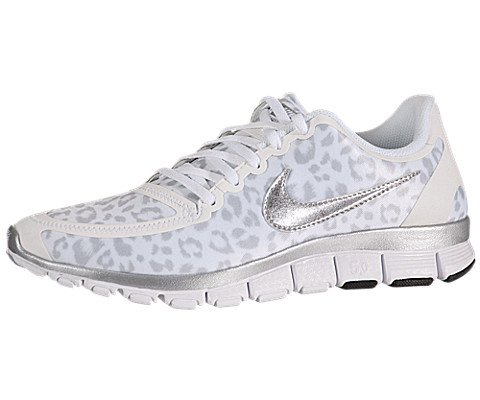 NIKE Free 5.0 Women's Running Shoe Leopard Print White Metallic Silver Wolf Grey