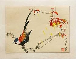 Chinese Sumi-e Brush Painting Art, Watercolor on Paper - Bird with Long Tail on Branch