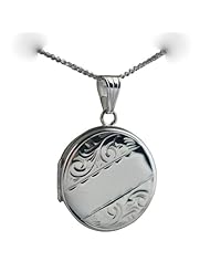British Jewellery Workshops Silver 23mm engraved flat round Locket with Curb chain