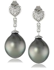 10k White Gold, Tahitian Cultured Pearl and Diamond Heart Earrings (0.1 cttw, GH Color, I2-I3 Clarity)
