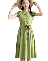 Cotton/Linen General Print Short Sleeves Vintage Maxi Dress 