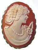 Cameo Pin Pendant Master Carved Conch Shell Sterling Silver 18k Gold Overlay Lady Rose
