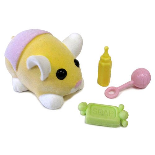 Fuzzy yellow Zhu Zhu Baby with pink diaper. Includes 3 accessories: Bottle,  Fuzzy yellow Zhu Zhu Baby with pink diaper. Includes 3 accessories: Bottle,