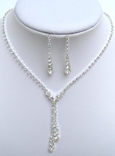 Stunning Graduated Double Strand Y Drop SilverTone Bridal Evening Crystal Necklace and Earring