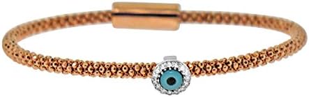 Sterling Silver Rose Gold Plated CZ Evil Eye Italian Mesh Bangle