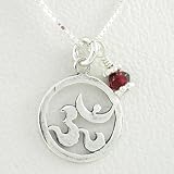 Round Om or Aum Design Pendant with Garnet Bead in Sterling Silver on a 16 Box Chain, #8526