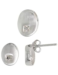 Sterling Silver Matte-finish Oval-shaped Earrings (9mm tall) & Pendant Slide (11mm tall) Set, w/ Princess Cut CZ Stones