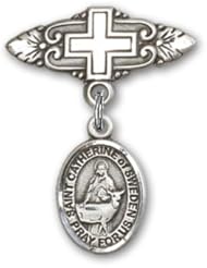 Sterling Silver Baby Badge with St. Catherine of Sweden Charm and Badge Pin with Cross
