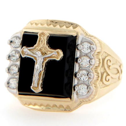 10k Gold 10 X 8mm Onyx Crucifix Religious CZ Mens Ring