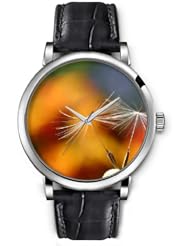 SPRAWL Aanalog Fashion Series Silver Ladies Watches of Genuine Black Leather Strap,Unique Wrist Watch for Women Girls Designed with Dandelion