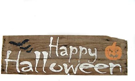 8 x 27 Inch Handmade Rustic Happy Halloween with Bats and Jack-O-Lantern or Pumpkins on Genuinely Aged Reclaimed Barn Wood