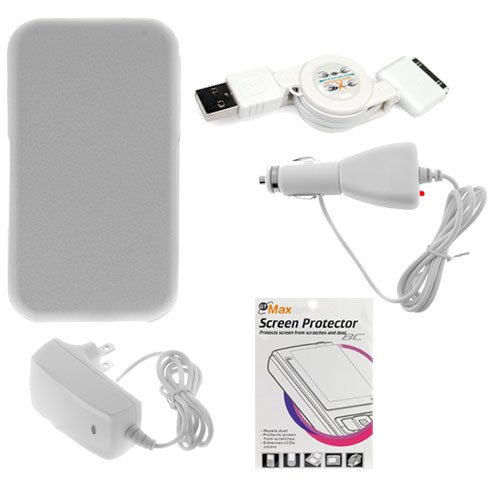 GTMax White Premium Flip Snap On Leather Case + LCD Screen Protector + Retractable USB Data Cable + Car Charger + Home Charger For AT&T Apple iPhone 3G, 3GS 3G-S Cell Phone